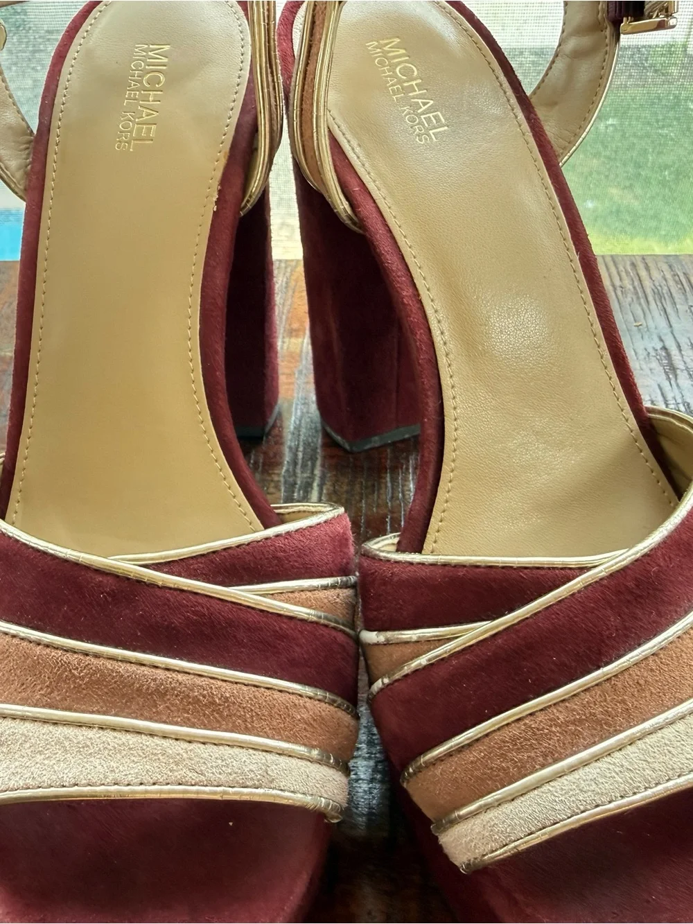 Michael Kors Burgundy and Blush suede Strappy Platform Sandals